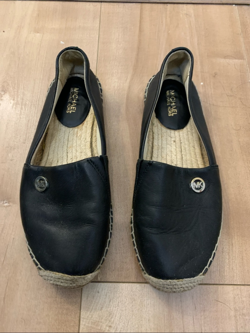 MICHAEL Michael Kors Black Leather Espadrille Slip-Ons with MK Medallion